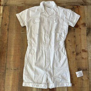 ASOS White Short-Sleeve Utility Jumpsuit Pockets Button Front Denim Boilersuit